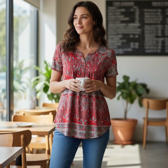 Halife Tops - Halife Short Sleeve Henley Tunic Top Paisley Red Sz M #3E